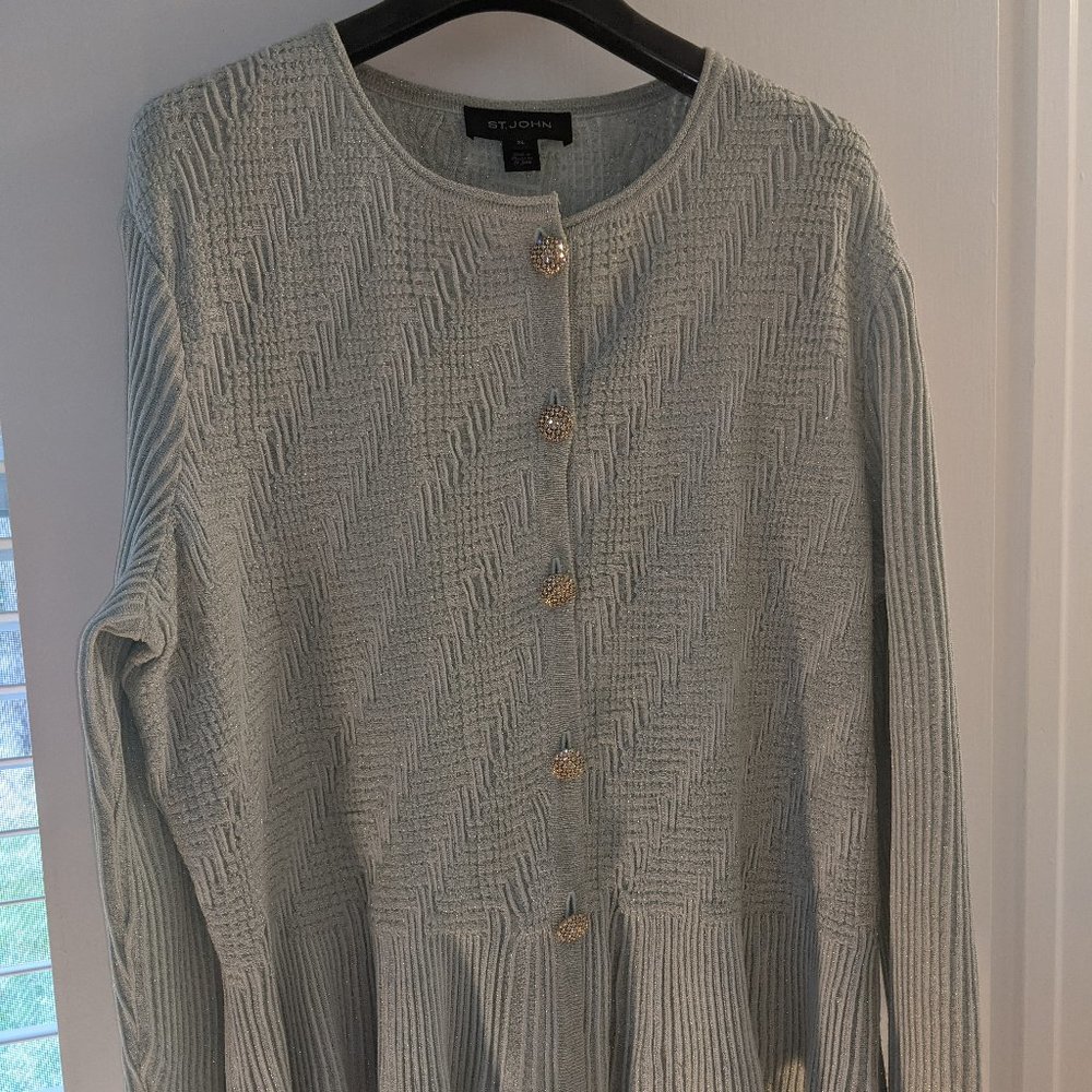 St John XL mint peplum sweater with jewel like buttons